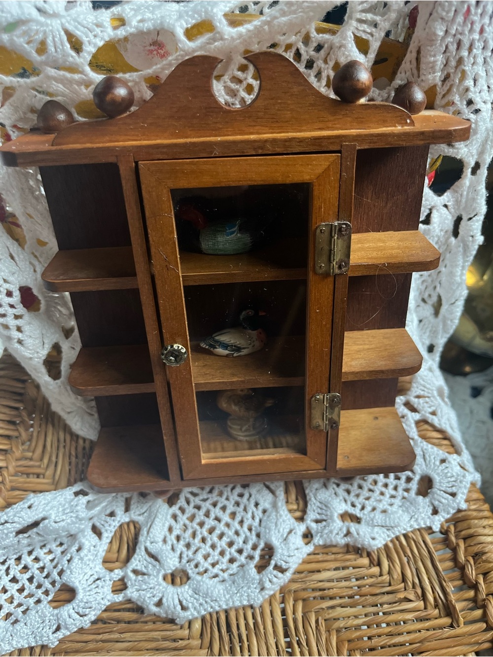 Wooden Vintage Mini Wall Curio Display Cabinet in Brown